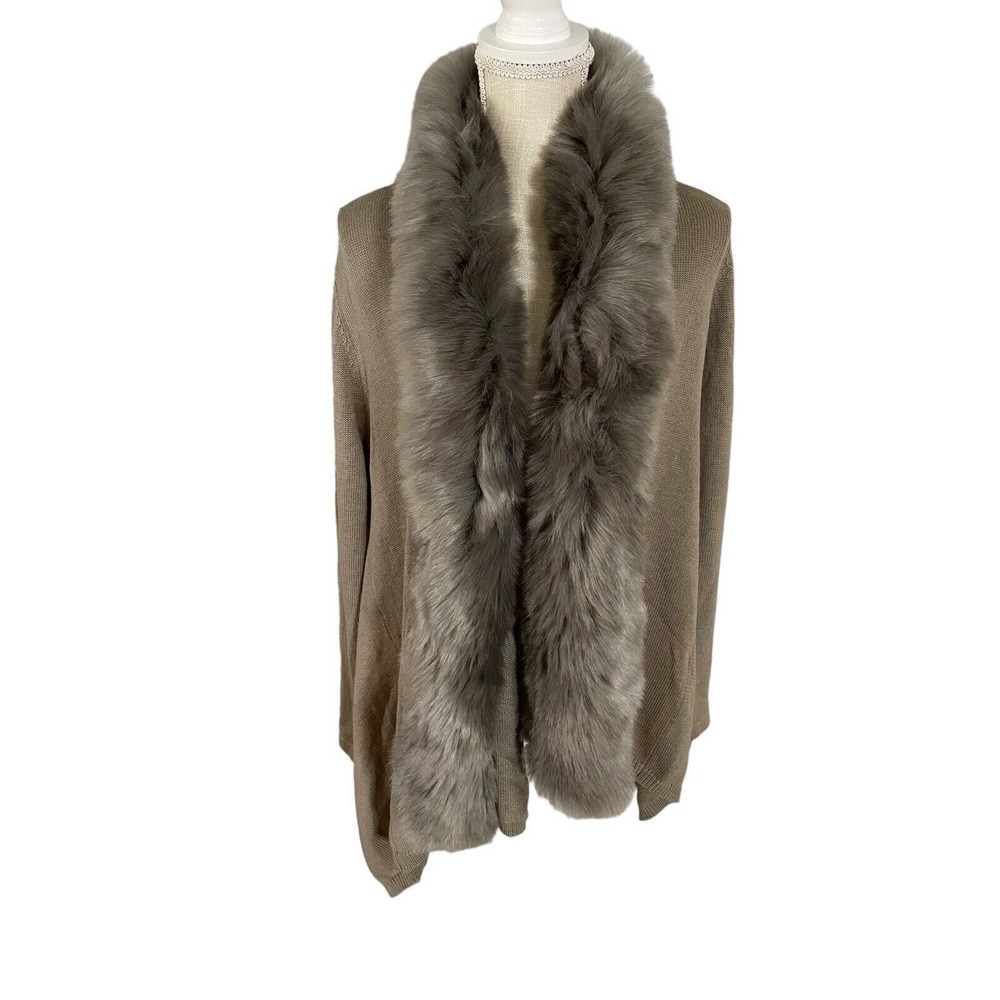 Soft Surroundings Beige‎ Faux Fur Cardigan Sweater Wool Blend Knit Sz Medium NWT